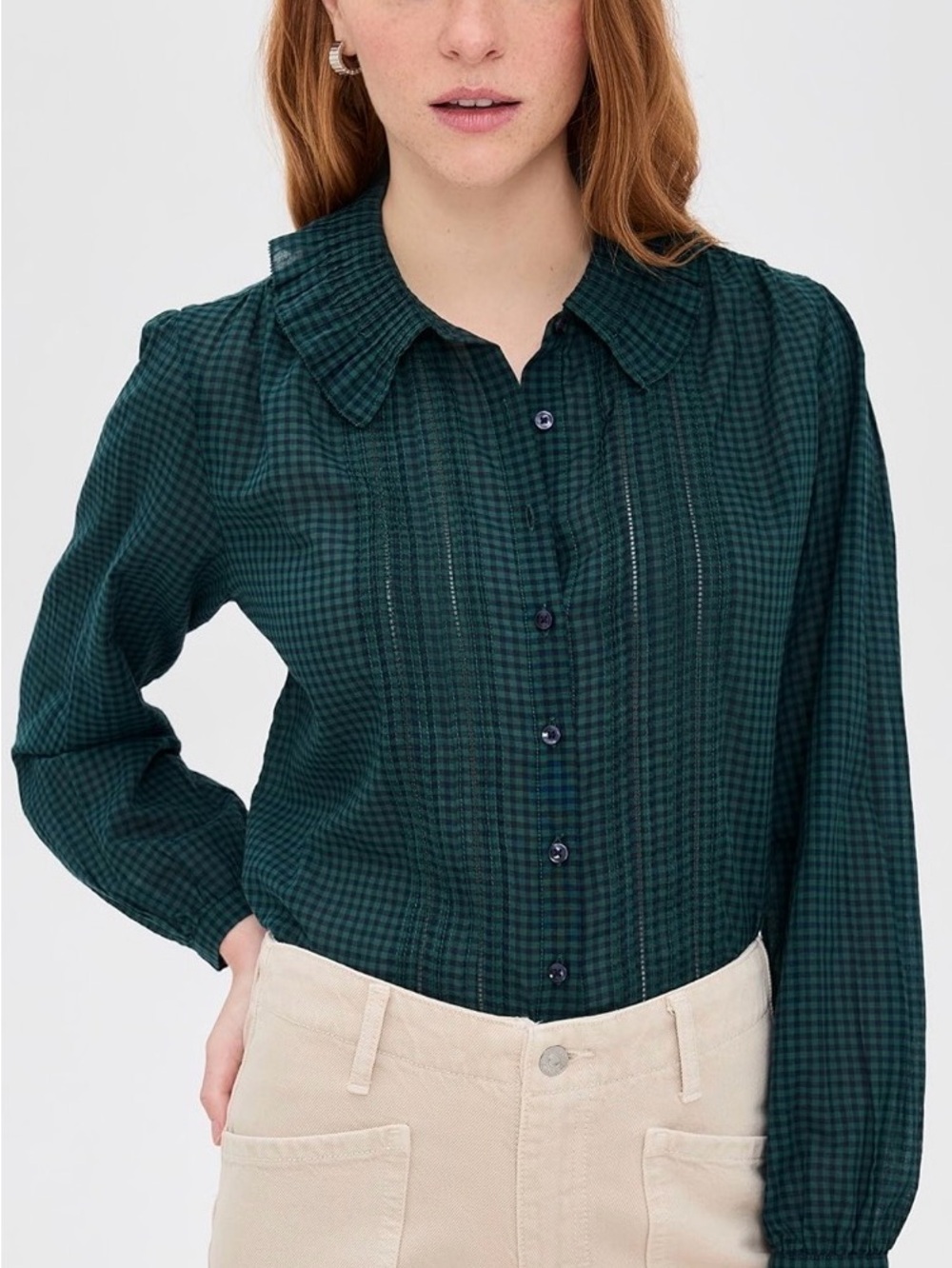 Trovata Dark Green Plaid Button-Front Blouse